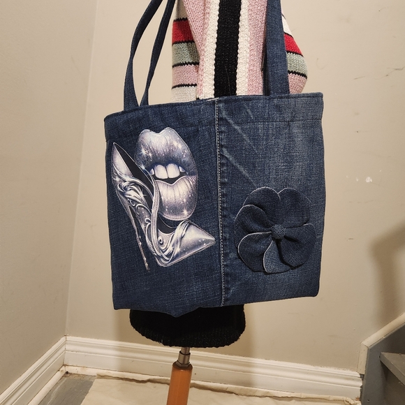 Elegant Handmade Denim Tote Bag With Custom Iron-on Transfer And Handmade Flower - Picture 2 of 6